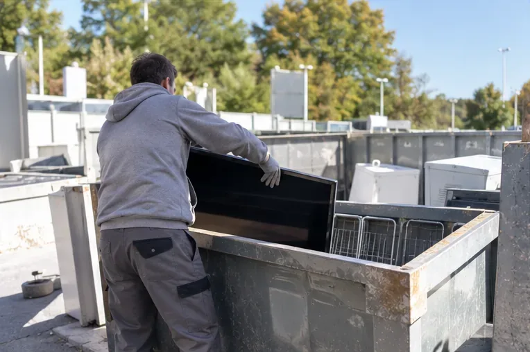 Un homme dépose un téléviseur dans une zone de collecte d’équipements électriques au sein d’un site de recyclage.