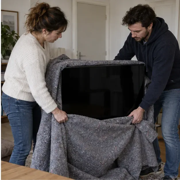 Deux personnes enveloppent un téléviseur débranché dans une couverture épaisse en le maintenant à la verticale pour le déplacer.