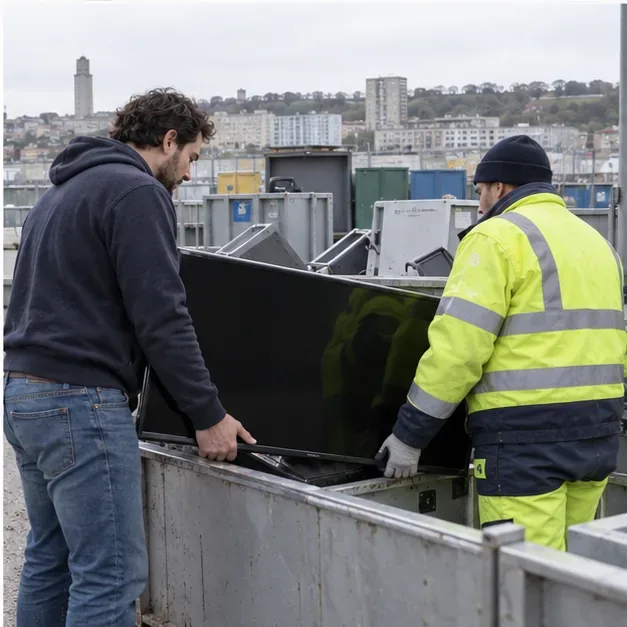 Un habitant et un agent en gilet de sécurité déposent ensemble un téléviseur dans une benne d’un centre de recyclage.