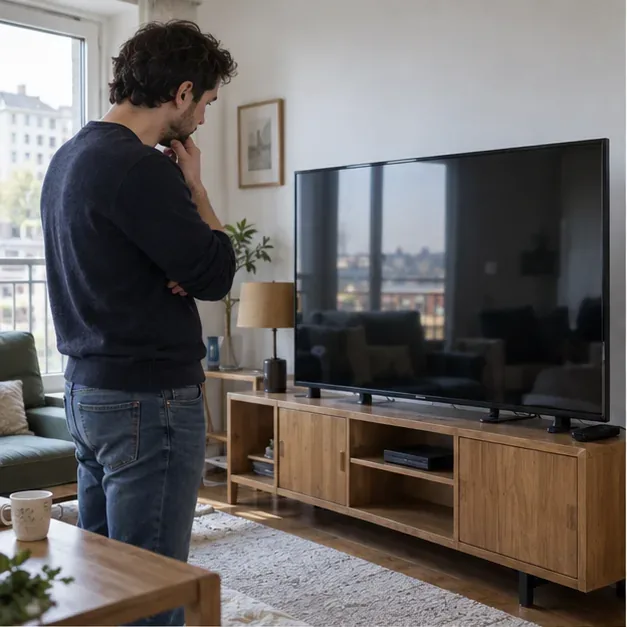 Un homme observe un téléviseur à écran plat posé sur un meuble dans un salon, avant de décider s’il peut être réemployé.