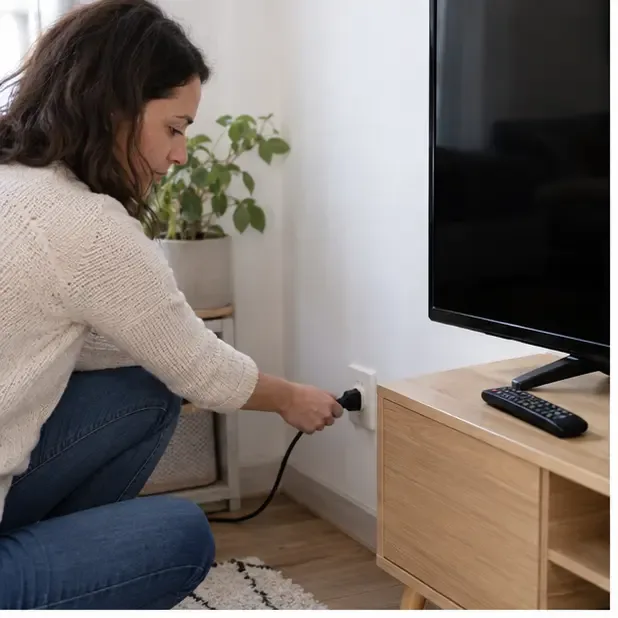 Une personne débranche un téléviseur à écran plat dans un salon