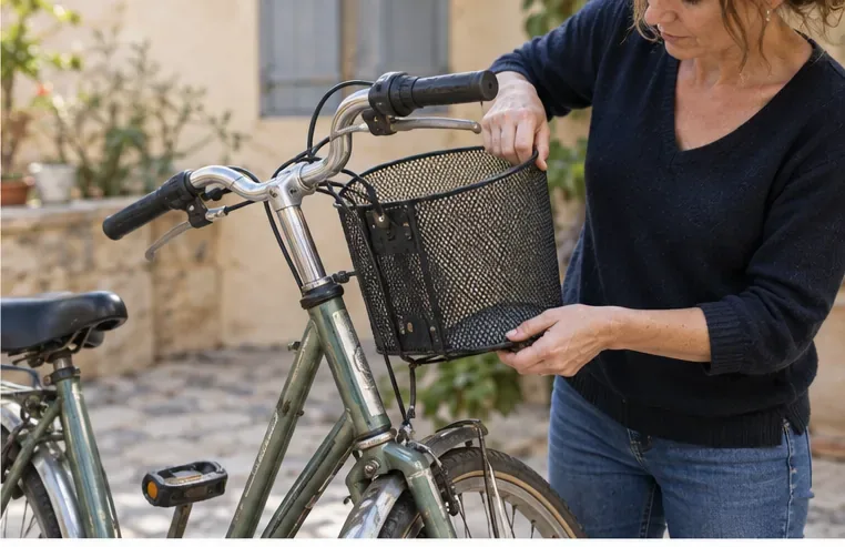 Une personne retire le panier amovible fixé au guidon d’un vélo pour le garder avant le dépôt.
