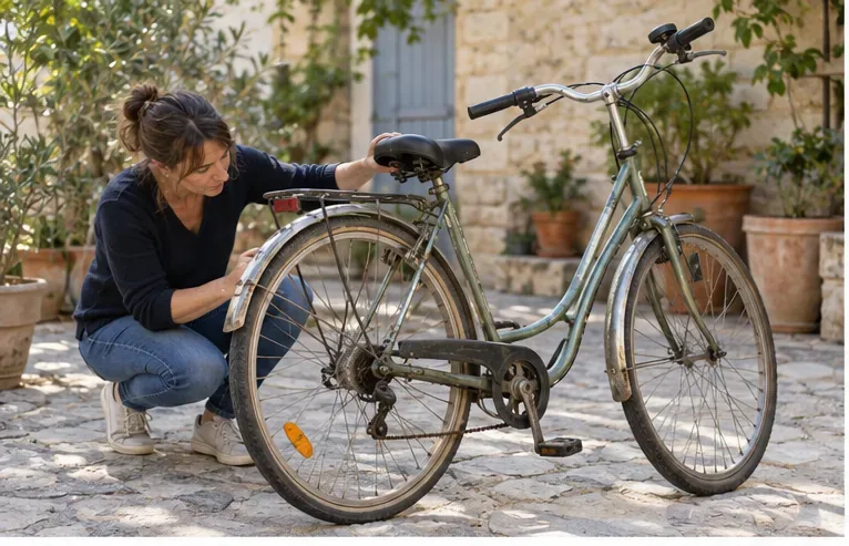 Une personne inspecte le cadre et la roue arrière d’un vélo ancien dans une cour avant de décider s’il peut être réparé.