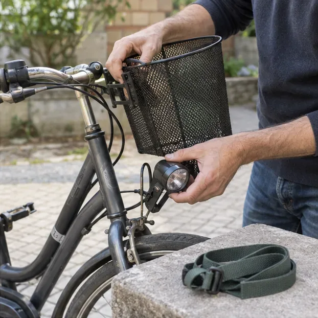 Des mains retirent un panier et une lampe amovibles d'un vélo avant son transport vers une déchèterie
