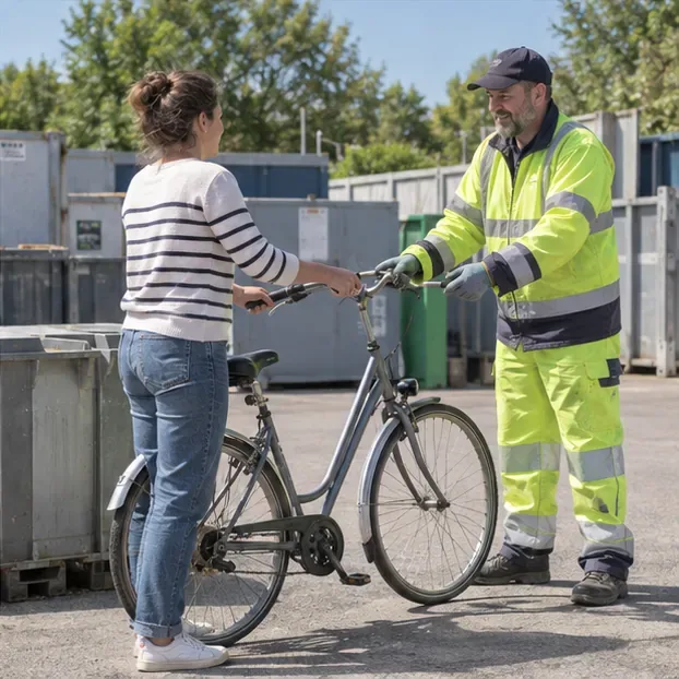 Une agente en tenue de sécurité accueille un vélo dans une zone de tri extérieure et indique son orientation