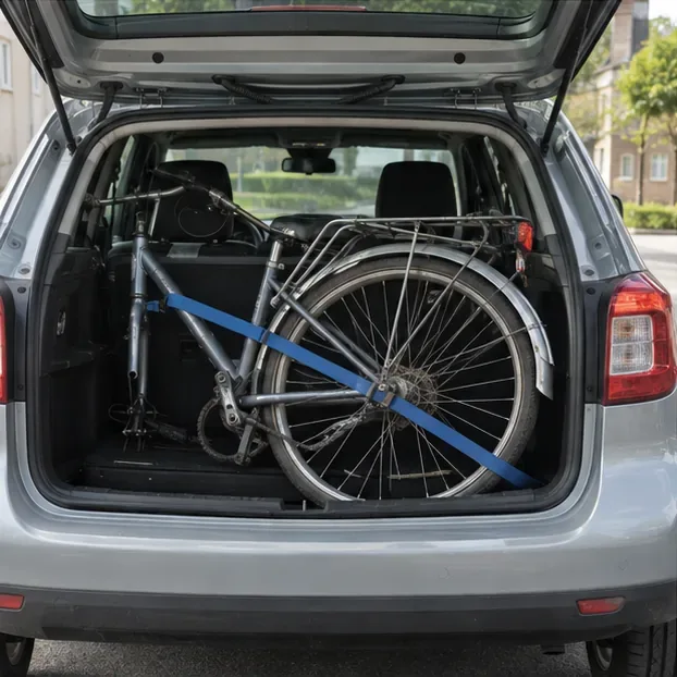 Un vélo attaché avec une sangle dans le coffre d'une voiture avant un trajet vers une déchèterie