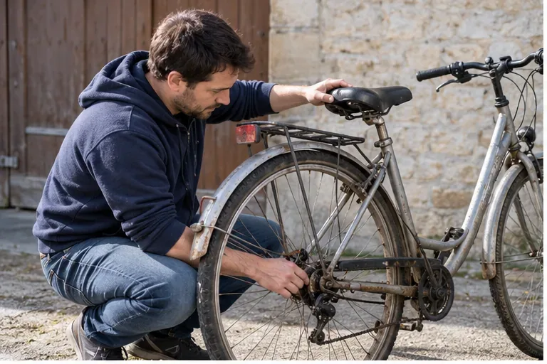 Un homme examine la roue arrière, la chaîne et la selle d’un vieux vélo avant de décider s’il peut être réparé