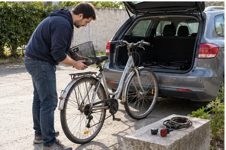 Un homme prépare un vieux vélo à côté du coffre ouvert d’une voiture avant de se rendre en déchèterie