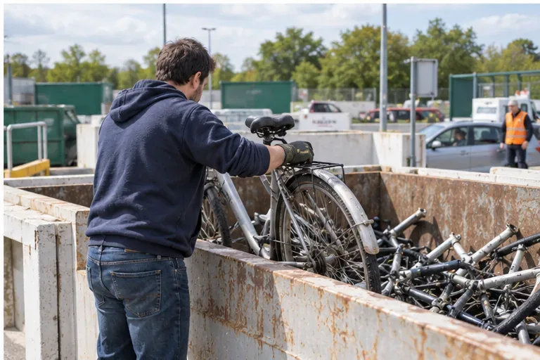 Un homme dépose un vieux vélo dans une benne contenant des pièces métalliques dans une déchèterie