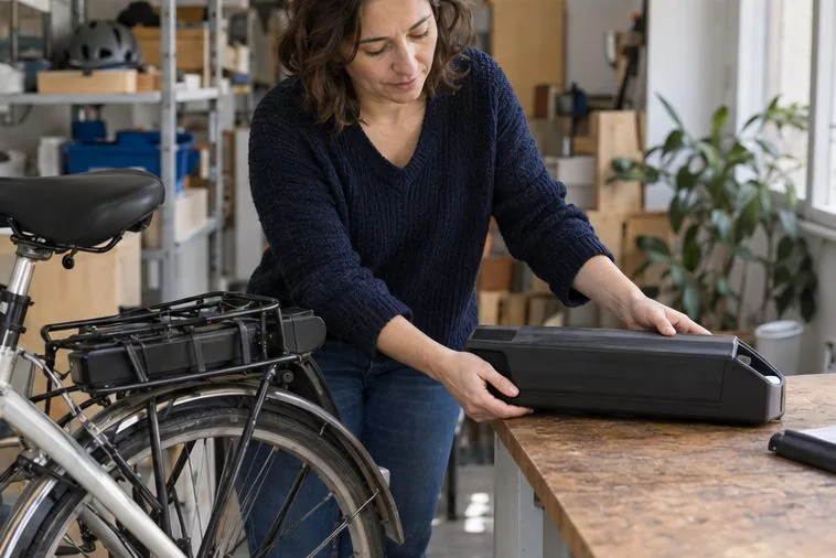 Une femme pose une batterie amovible de vélo électrique sur un établi, séparément du vélo visible à côté.