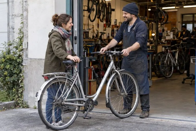 Une personne remet un vélo de ville à un bénévole devant un atelier de réparation, une option à envisager avant le dépôt en déchèterie.