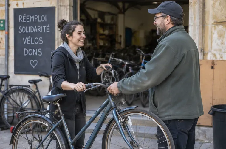 Une personne remet un vélo à une intervenante devant un atelier solidaire où plusieurs bicyclettes sont visibles à l’intérieur.