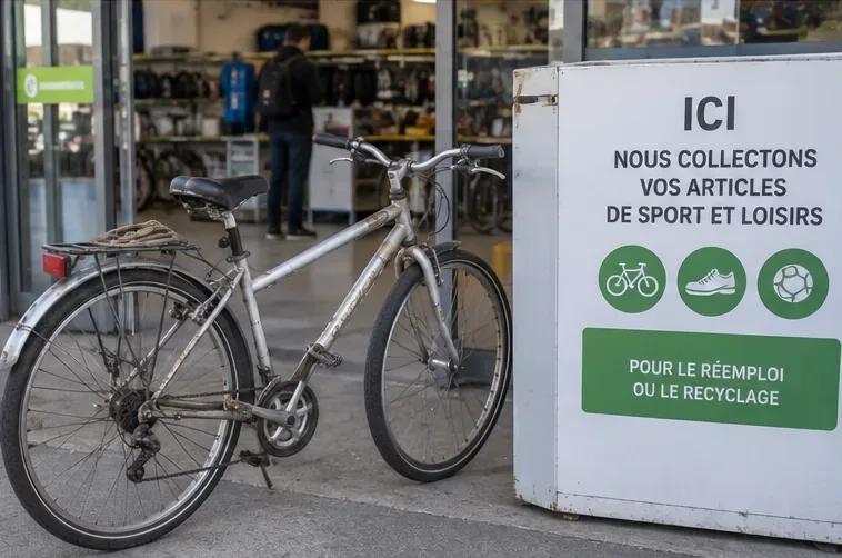 Un vélo usagé est placé devant un point de collecte d’articles de sport et de loisirs situé à l’entrée d’un magasin.