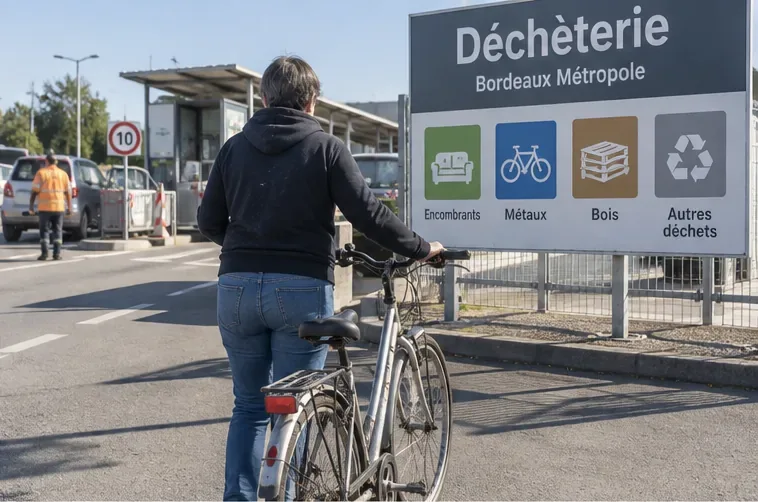 Une personne pousse un vélo usagé à l’entrée d’un centre de recyclage signalé comme une déchèterie de Bordeaux Métropole.