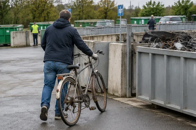 Un homme pousse un vieux vélo vers les bennes métalliques d’une déchèterie