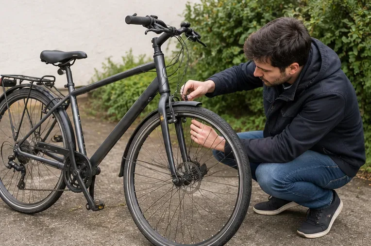 Un homme vérifie la roue avant et les freins d’un vélo de ville noir avant de décider s’il peut être réparé