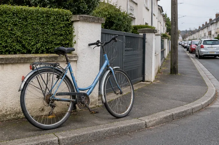 Un vélo bleu placé sur un trottoir devant une maison, prêt à être présenté à une collecte d’encombrants