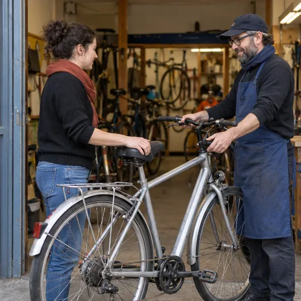 Une personne remet un vélo de ville utilisable à un bénévole dans un atelier vélo