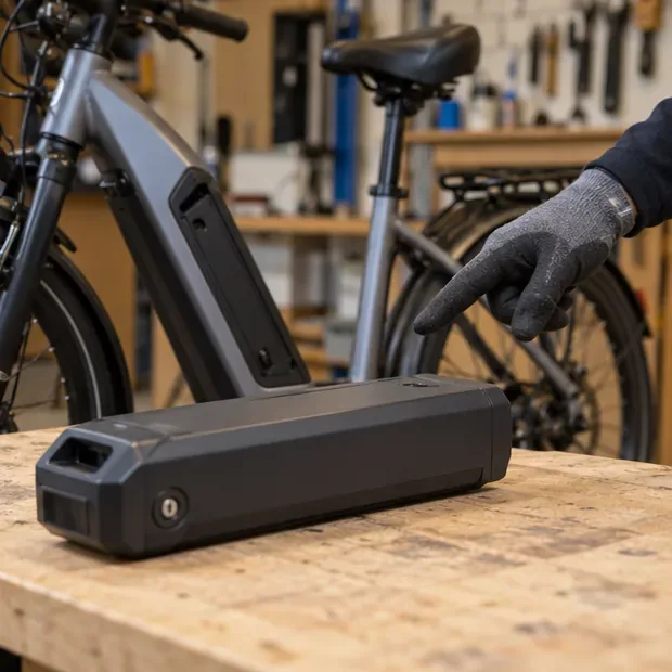 Une batterie amovible de vélo électrique posée sur un établi à côté du vélo