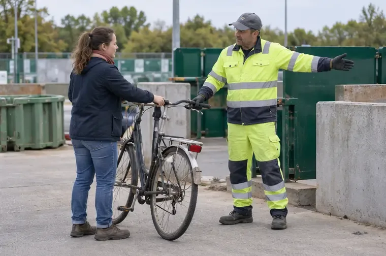 Une habitante remet un vélo à un agent en gilet fluorescent dans une déchèterie