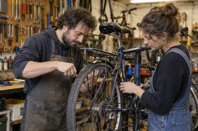 Deux personnes examinent et réparent un vélo d’occasion dans un atelier associatif