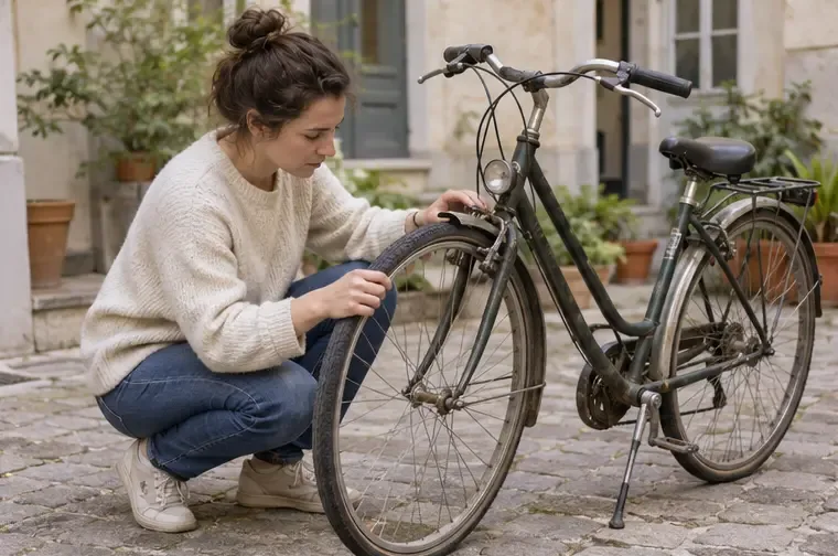 Une habitante vérifie la roue et les freins d’un vélo ancien dans une cour