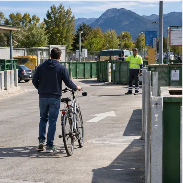 Un homme pousse un vélo dans une déchèterie où un agent d’accueil en gilet haute visibilité l’oriente vers les bennes.