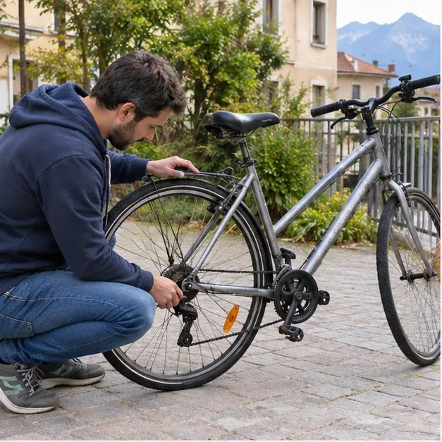 Un homme examine la roue arrière et la transmission d’un vélo gris dans un environnement urbain grenoblois.