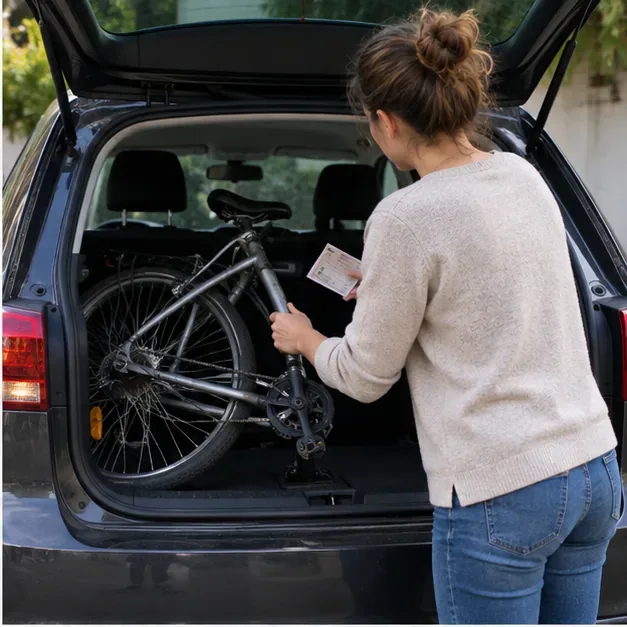 Une femme place un vélo gris dans le coffre ouvert d’une voiture avant son transport.