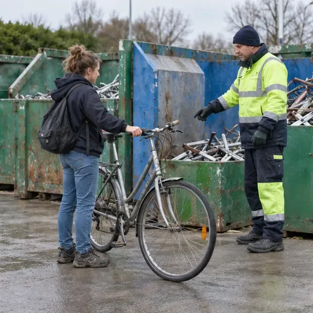 Personne présentant un vélo usagé à un agent portant un gilet de sécurité près de conteneurs métalliques, scène illustrative.