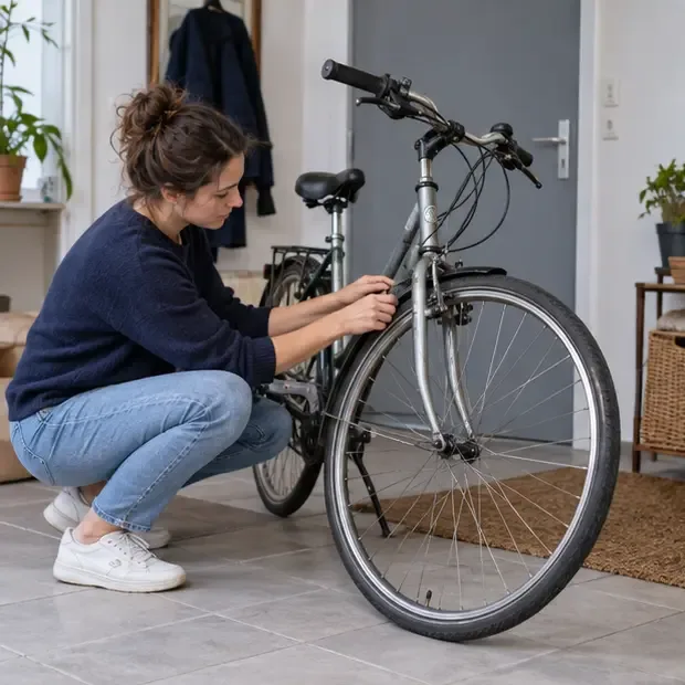 Vélo usagé vérifié par une personne dans une entrée intérieure, avec les mains près du frein avant.