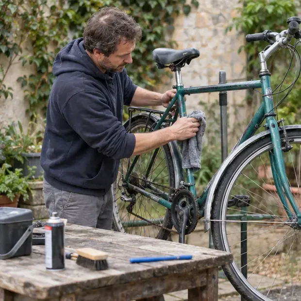 Personne nettoyant un vélo sur un support dans une cour, avec des outils posés sur un établi.