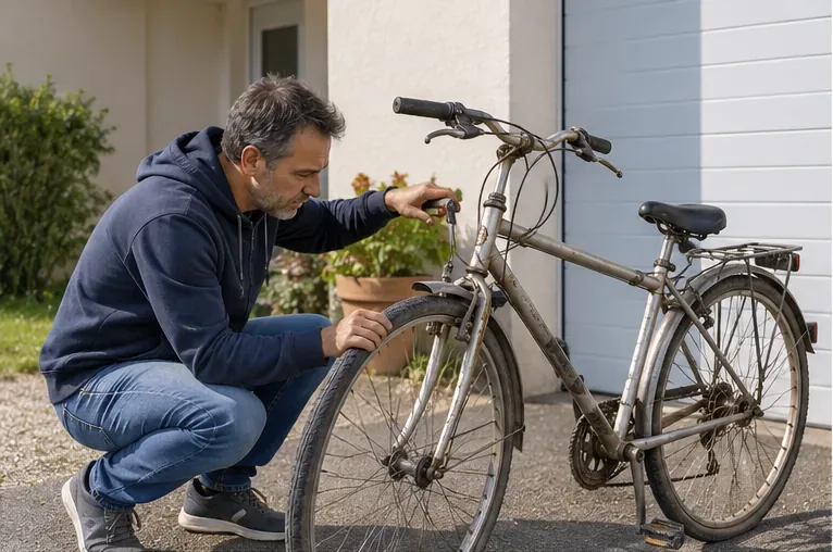 Un homme examine le pneu et l’état général d’un vieux vélo devant une maison