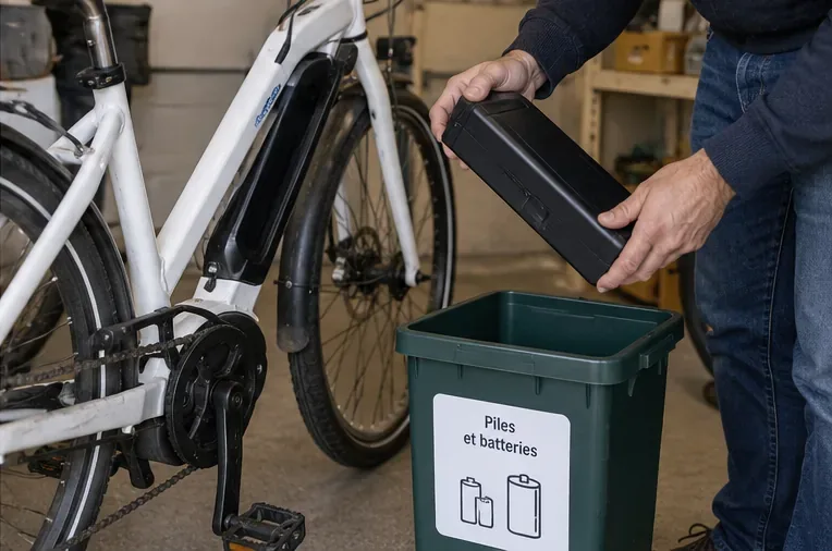Une personne retire la batterie d’un vélo électrique à côté d’un bac réservé aux piles et batteries