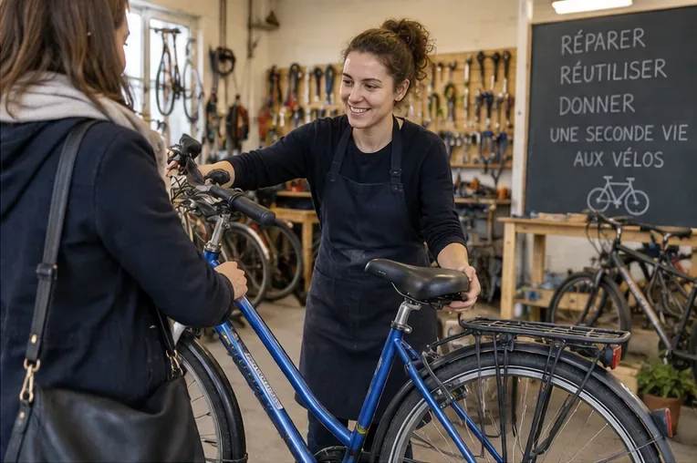 Une personne remet un vélo à une professionnelle dans un atelier de réparation rempli d’outils