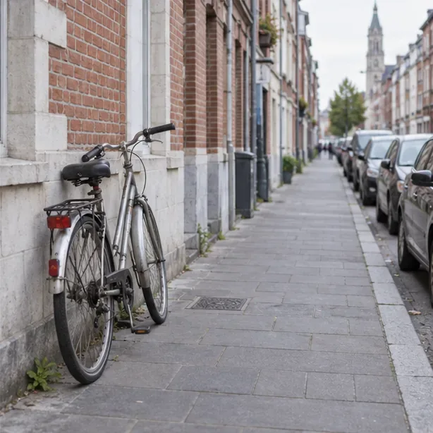 Un vélo est appuyé contre la façade d’un immeuble en briques, en bordure d’un trottoir dont le passage reste dégagé.