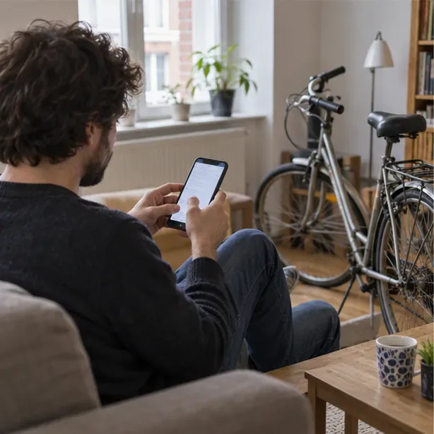 Une personne consulte son téléphone à domicile, près d’un vélo appuyé contre le mur.
