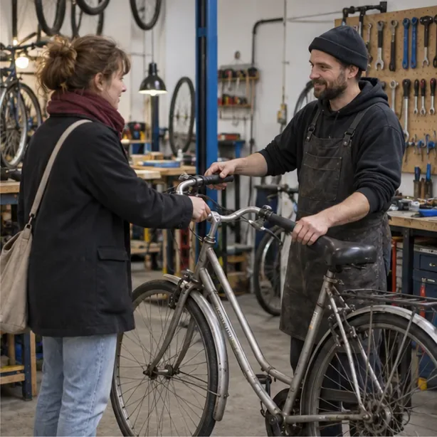 Une personne remet un vélo d’occasion à un mécanicien dans un atelier participatif où d’autres vélos et des outils sont visibles.