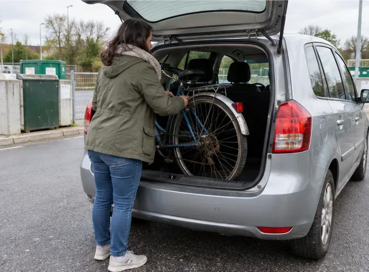 Une personne charge un vélo usagé dans le coffre d’une voiture pour l’apporter en déchèterie