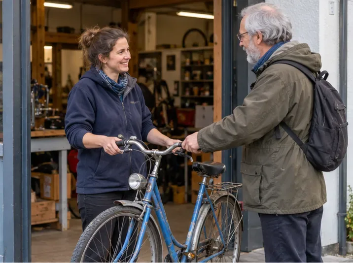 Deux personnes se transmettent un vélo devant l’entrée d’un atelier de réparation et de réemploi