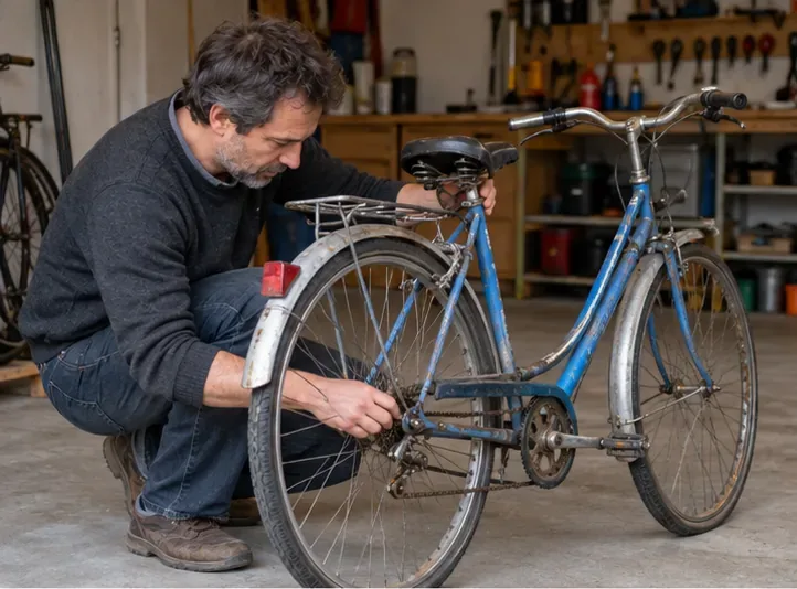 Un homme inspecte la transmission d’un vélo bleu dans un garage
