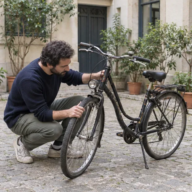 Dans une cour pavée, une personne examine la roue avant et le cadre d’un vélo de ville avant de décider s’il peut être réutilisé.