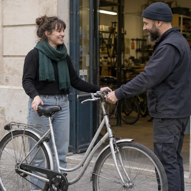 Deux adultes se passent un vélo de ville encore complet devant l’entrée d’un atelier de réemploi.