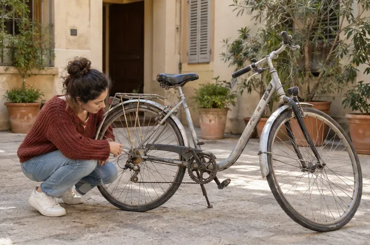Une personne examine la chaîne et la roue arrière d’un vélo ancien dans une cour urbaine, première étape pour décider entre réparation, don et dépôt.