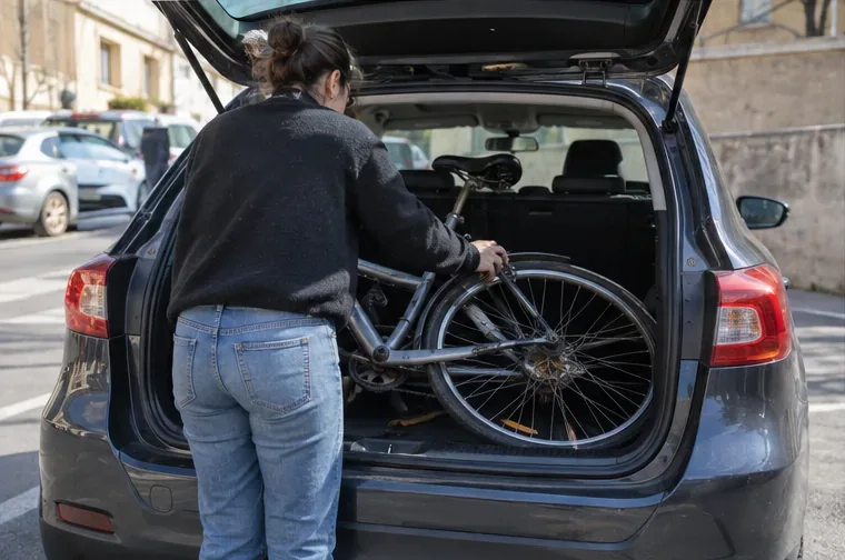 Une personne place un vélo dans le coffre ouvert d’une voiture pour le transporter vers un point de dépôt, sans bloquer la circulation.