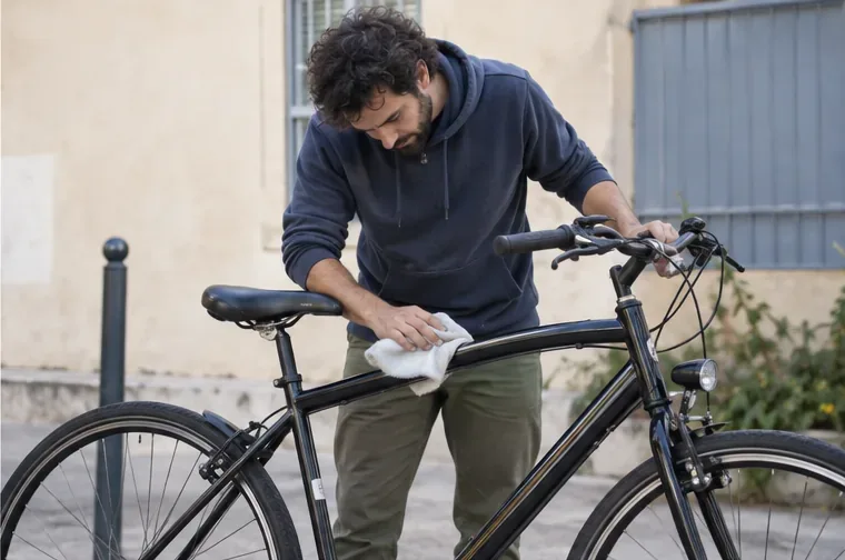 Un homme nettoie le cadre d’un vélo avant de le donner, dans un espace extérieur urbain éclairé par la lumière du jour.