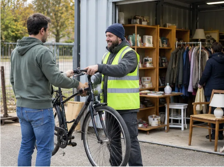 Un particulier remet un vélo encore utilisable à un agent devant un espace de collecte de réemploi.
