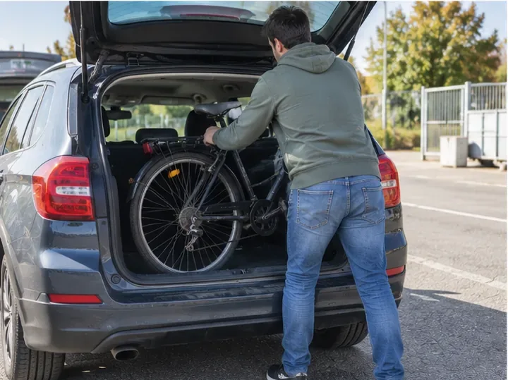Un homme charge un vélo dans le coffre d'une voiture avant de l'apporter en déchèterie.