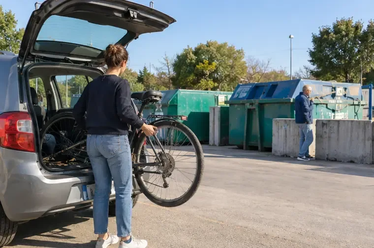 Une personne sort un vélo usagé d’un véhicule devant des conteneurs dans une déchèterie