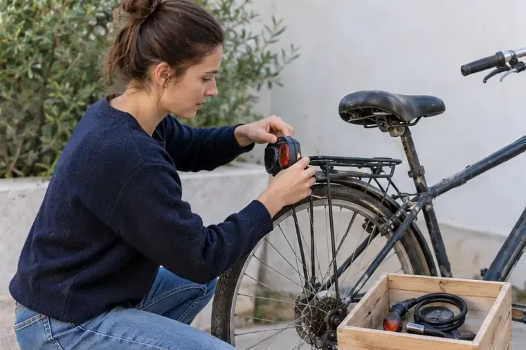 Une personne retire un accessoire lumineux et prépare les éléments amovibles d’un vélo avant son transport